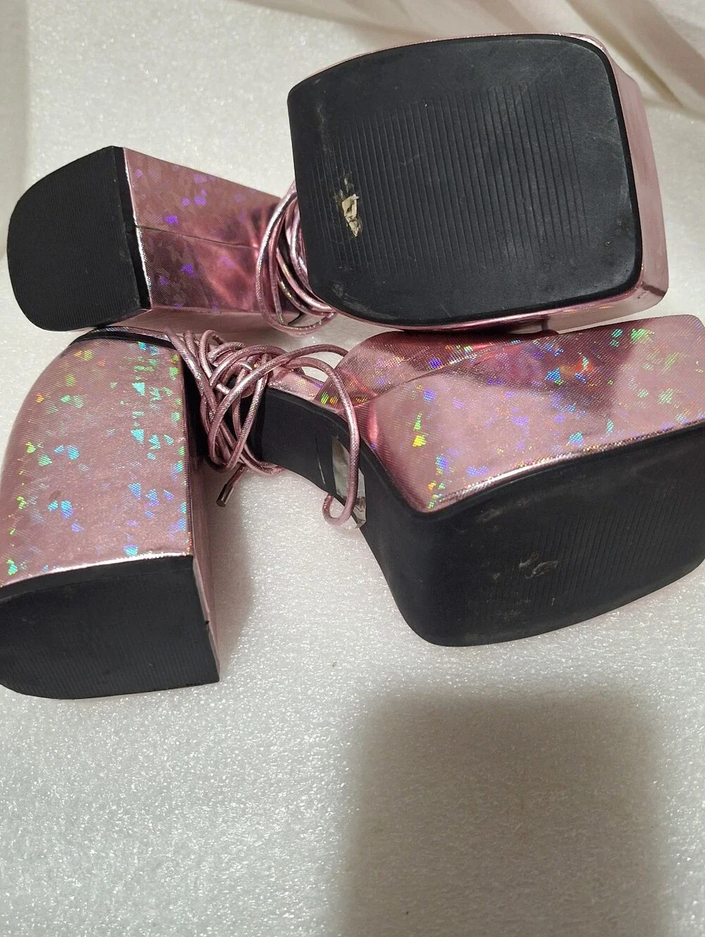 Pink Holographic Platform Block Heel Sandals